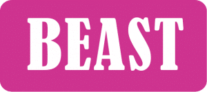 A pink sticker with the word "beast" written on it.
