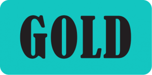A sea green sticker with the word "gold" written on it.